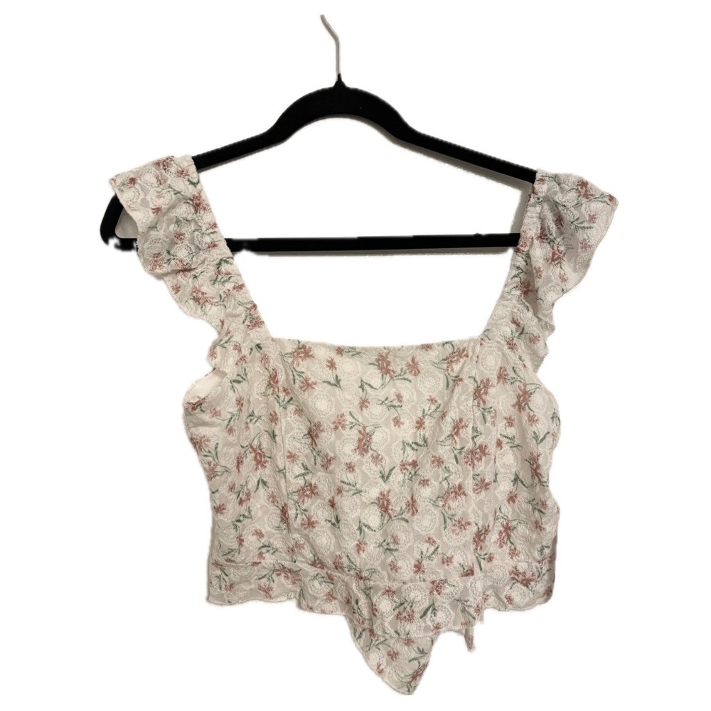 KIRIOUS LOS ANGELES SIZE M IVORY FLORAL RUFFLE SLEEVE OPEN TIE BACK CROP TANK